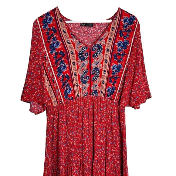 Pretty Garden red boho flare sleeved paisley floral tiered maxi dress Large - Picture 3 of 6